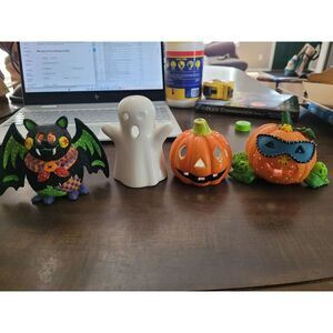 Halloween Vintage Ceramic Candle Holders Pumpkins/Ghost/Bat 4-5" Tall-Set of 4